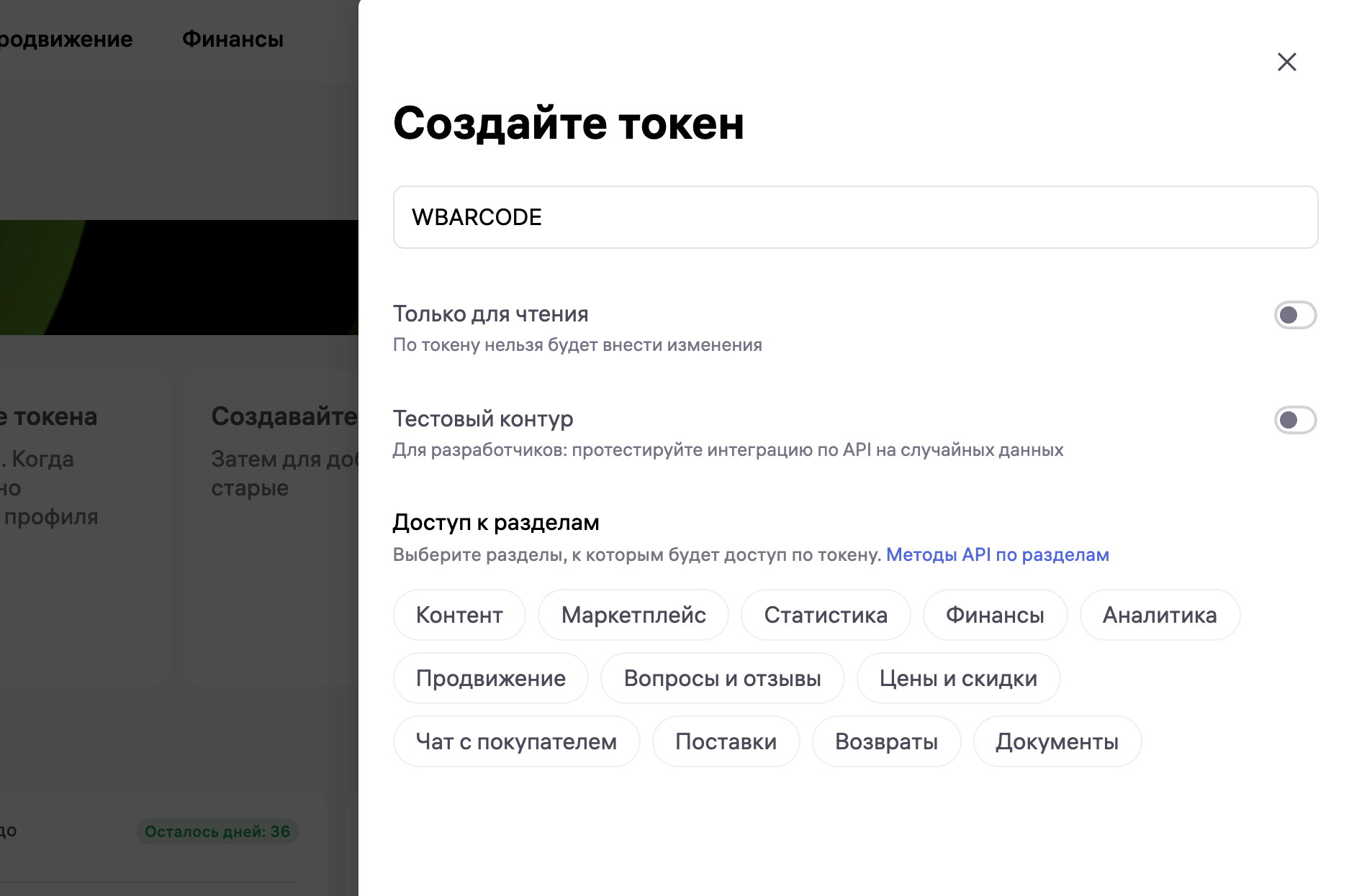 Придумываем название АПИ токена ВБ