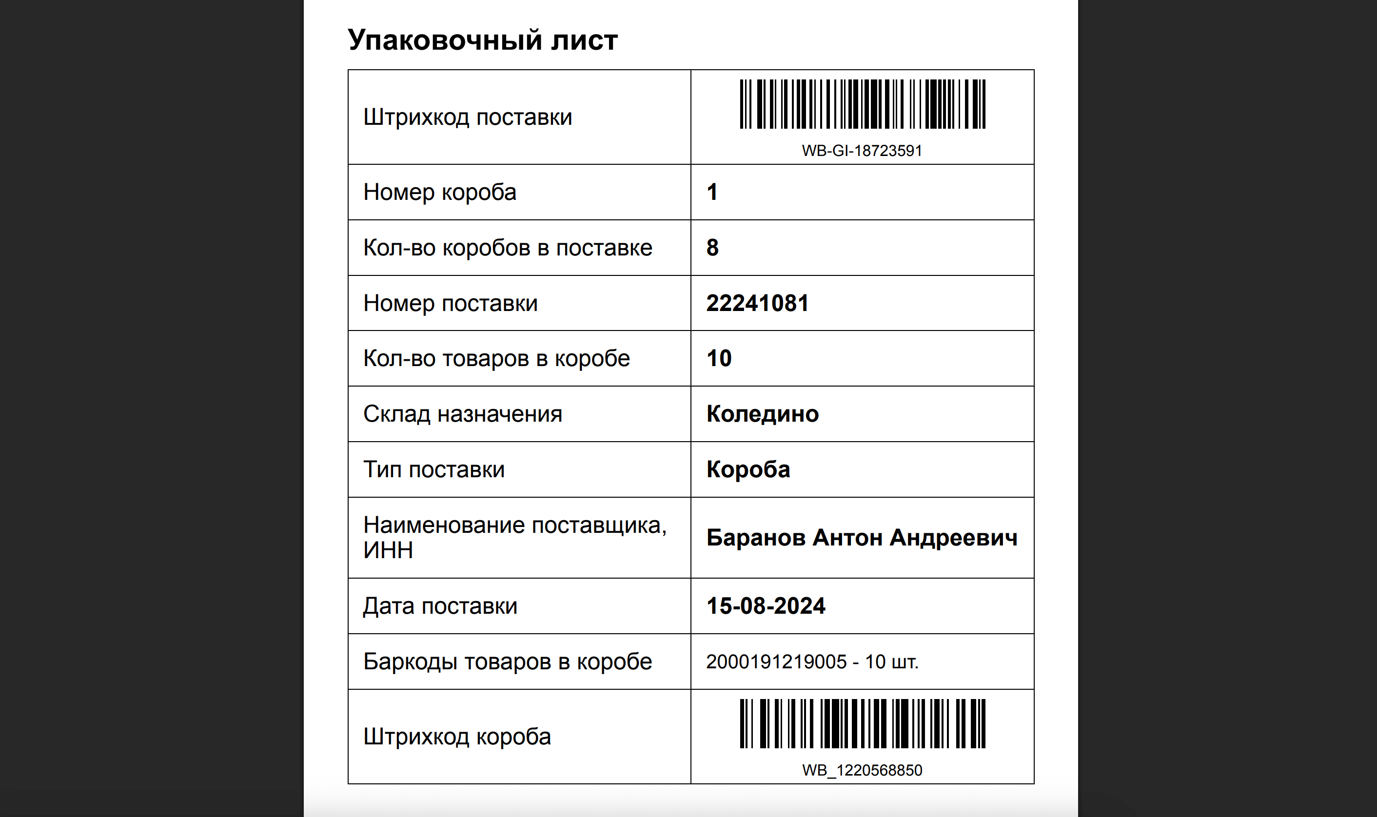 Пример шаблона упаковочного листа для FBW Вайлдберриз
