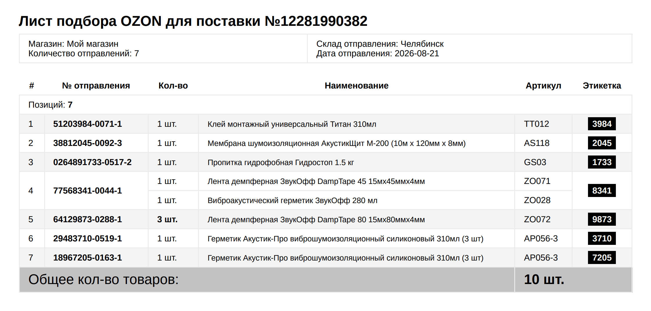 Лист подбора для FBS поставок OZON