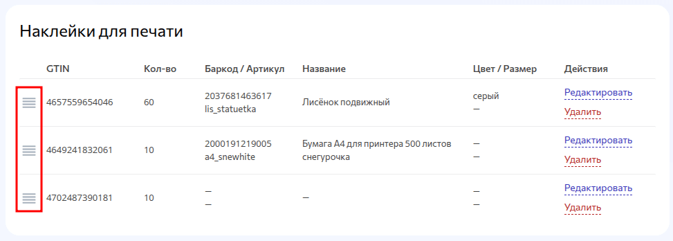 Сортировка групп наклеек для GTIN