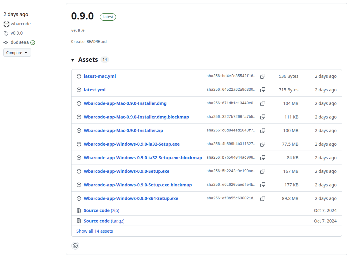Пример релиза приложения на github.com, ссылки на установочные файлы